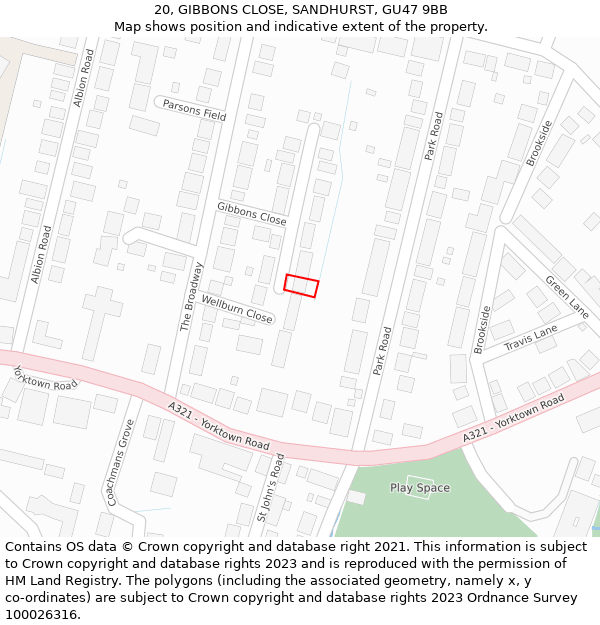 20, GIBBONS CLOSE, SANDHURST, GU47 9BB: Location map and indicative extent of plot