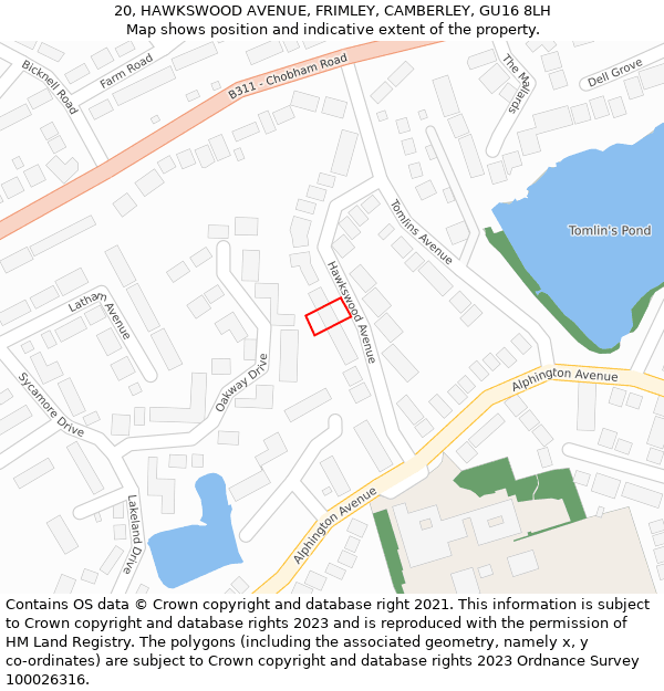 20, HAWKSWOOD AVENUE, FRIMLEY, CAMBERLEY, GU16 8LH: Location map and indicative extent of plot