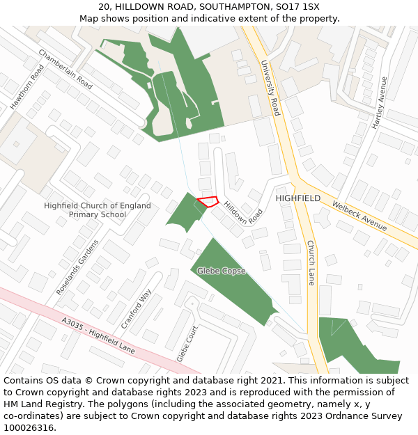 20, HILLDOWN ROAD, SOUTHAMPTON, SO17 1SX: Location map and indicative extent of plot