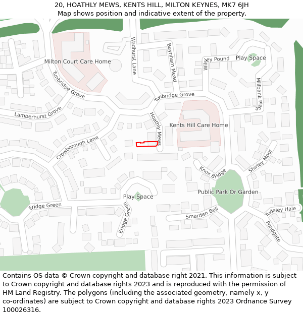 20, HOATHLY MEWS, KENTS HILL, MILTON KEYNES, MK7 6JH: Location map and indicative extent of plot