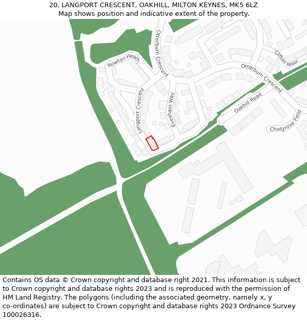 20, LANGPORT CRESCENT, OAKHILL, MILTON KEYNES, MK5 6LZ: Location map and indicative extent of plot