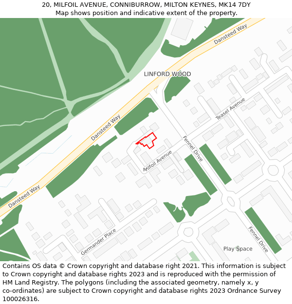 20, MILFOIL AVENUE, CONNIBURROW, MILTON KEYNES, MK14 7DY: Location map and indicative extent of plot