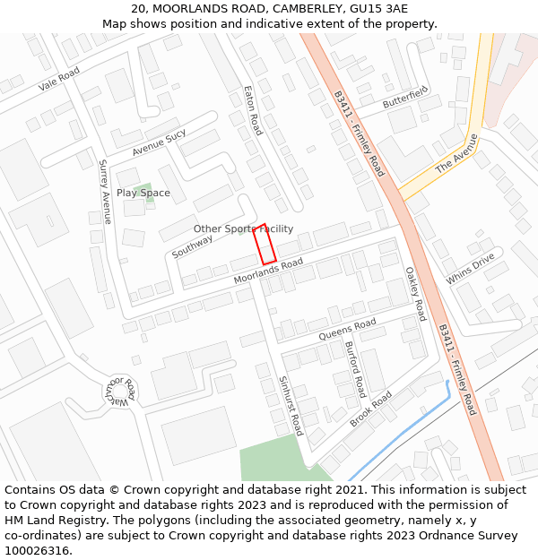 20, MOORLANDS ROAD, CAMBERLEY, GU15 3AE: Location map and indicative extent of plot