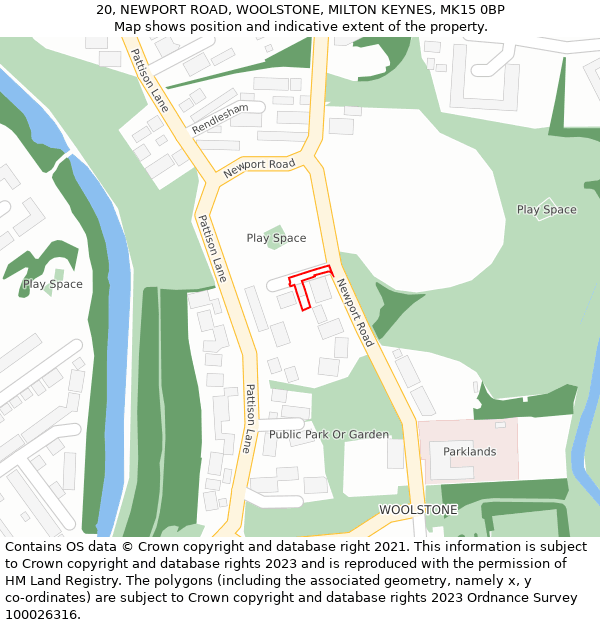 20, NEWPORT ROAD, WOOLSTONE, MILTON KEYNES, MK15 0BP: Location map and indicative extent of plot