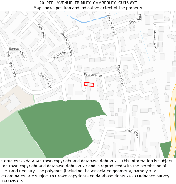 20, PEEL AVENUE, FRIMLEY, CAMBERLEY, GU16 8YT: Location map and indicative extent of plot