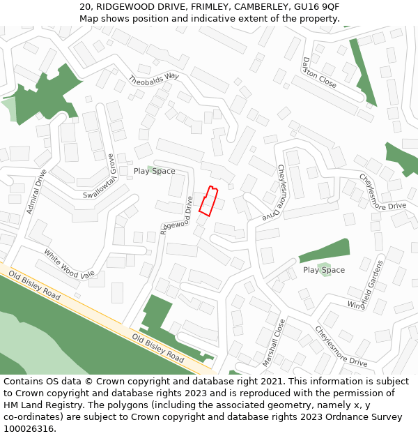 20, RIDGEWOOD DRIVE, FRIMLEY, CAMBERLEY, GU16 9QF: Location map and indicative extent of plot