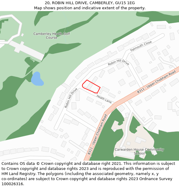 20, ROBIN HILL DRIVE, CAMBERLEY, GU15 1EG: Location map and indicative extent of plot