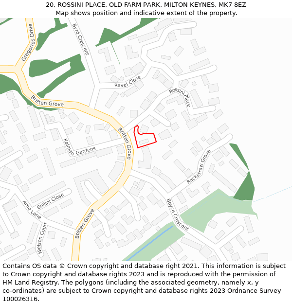 20, ROSSINI PLACE, OLD FARM PARK, MILTON KEYNES, MK7 8EZ: Location map and indicative extent of plot