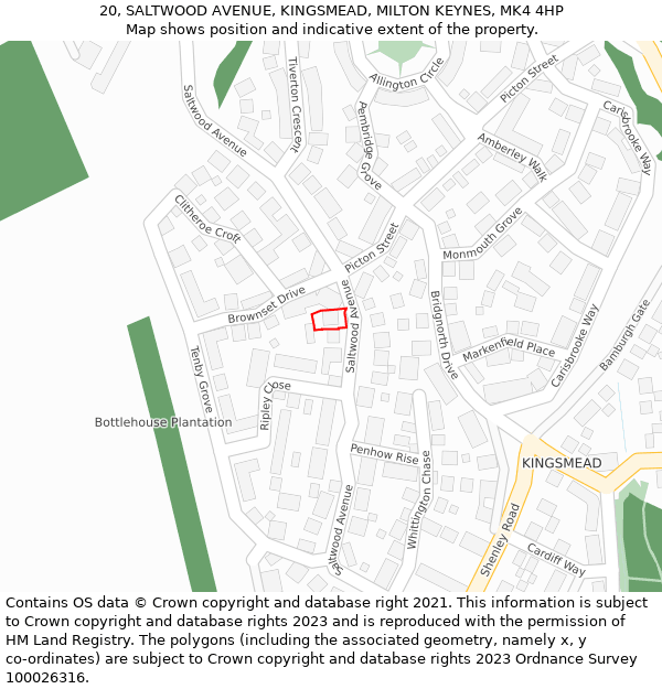 20, SALTWOOD AVENUE, KINGSMEAD, MILTON KEYNES, MK4 4HP: Location map and indicative extent of plot