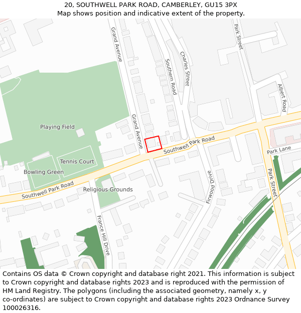 20, SOUTHWELL PARK ROAD, CAMBERLEY, GU15 3PX: Location map and indicative extent of plot