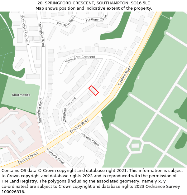 20, SPRINGFORD CRESCENT, SOUTHAMPTON, SO16 5LE: Location map and indicative extent of plot