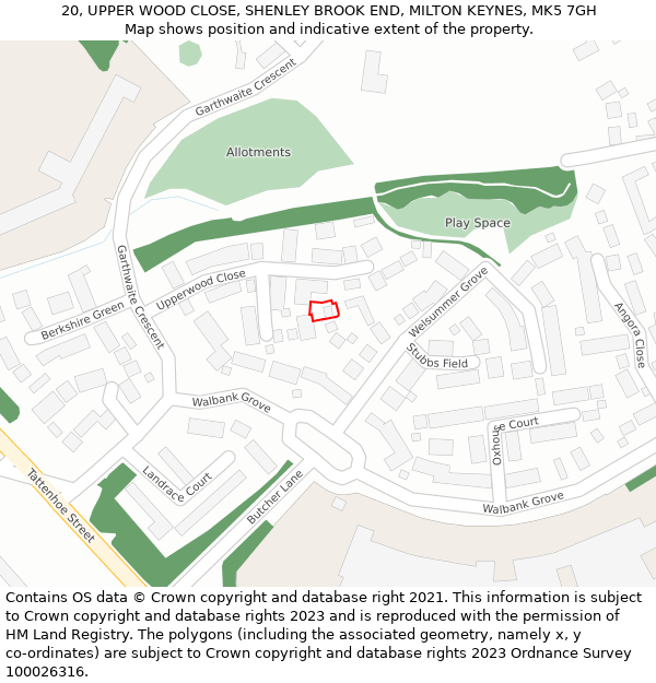 20, UPPER WOOD CLOSE, SHENLEY BROOK END, MILTON KEYNES, MK5 7GH: Location map and indicative extent of plot