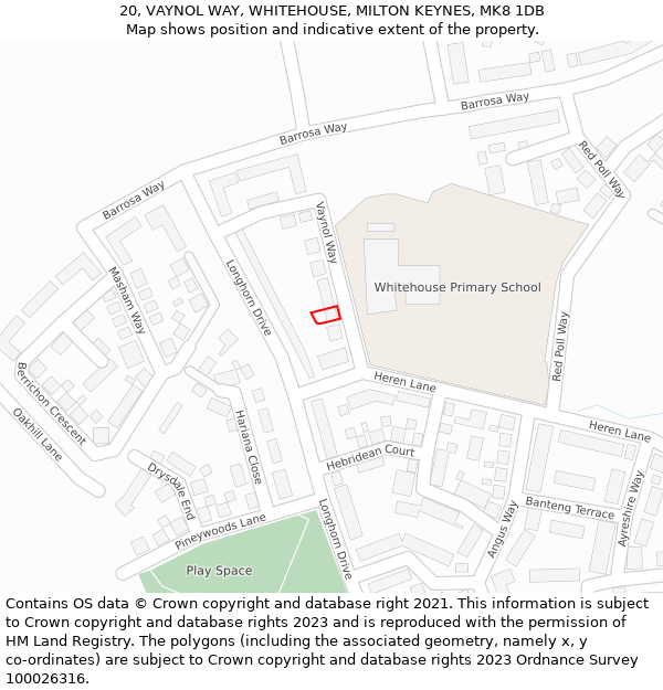 20, VAYNOL WAY, WHITEHOUSE, MILTON KEYNES, MK8 1DB: Location map and indicative extent of plot