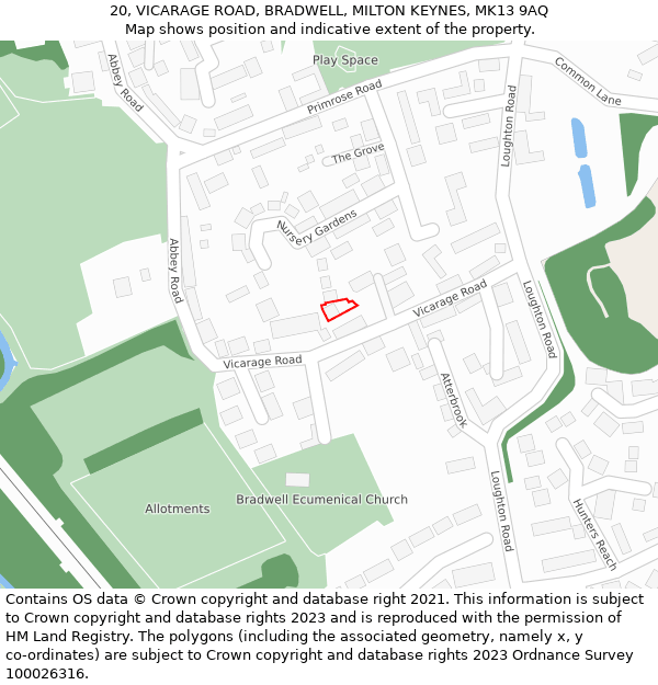 20, VICARAGE ROAD, BRADWELL, MILTON KEYNES, MK13 9AQ: Location map and indicative extent of plot