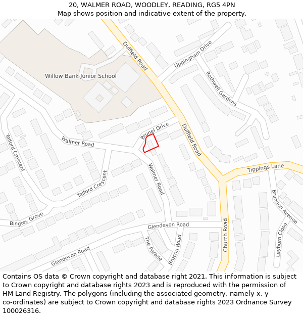 20, WALMER ROAD, WOODLEY, READING, RG5 4PN: Location map and indicative extent of plot