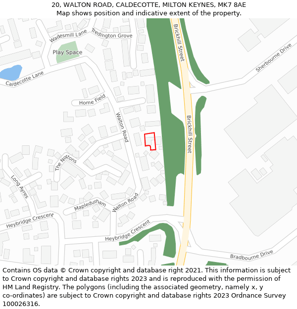 20, WALTON ROAD, CALDECOTTE, MILTON KEYNES, MK7 8AE: Location map and indicative extent of plot