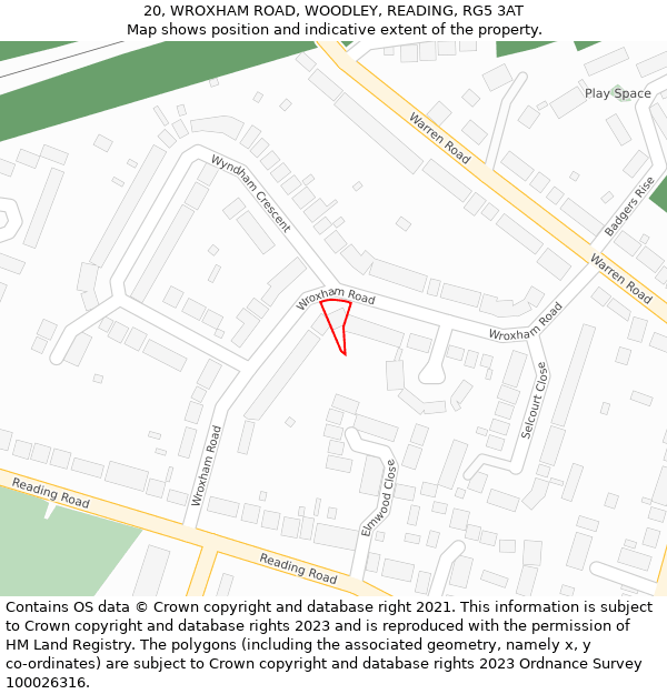 20, WROXHAM ROAD, WOODLEY, READING, RG5 3AT: Location map and indicative extent of plot