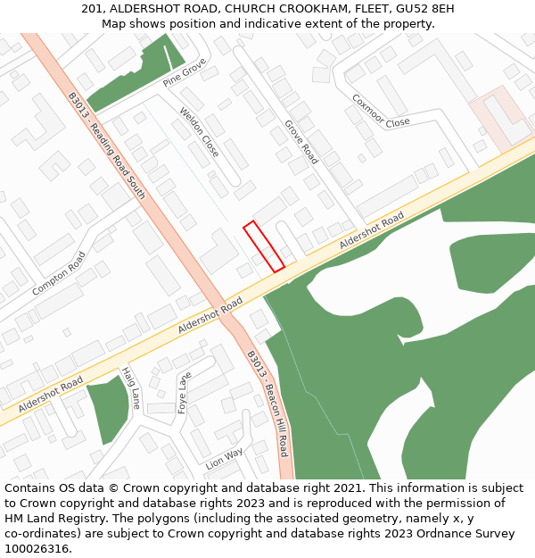 201, ALDERSHOT ROAD, CHURCH CROOKHAM, FLEET, GU52 8EH: Location map and indicative extent of plot