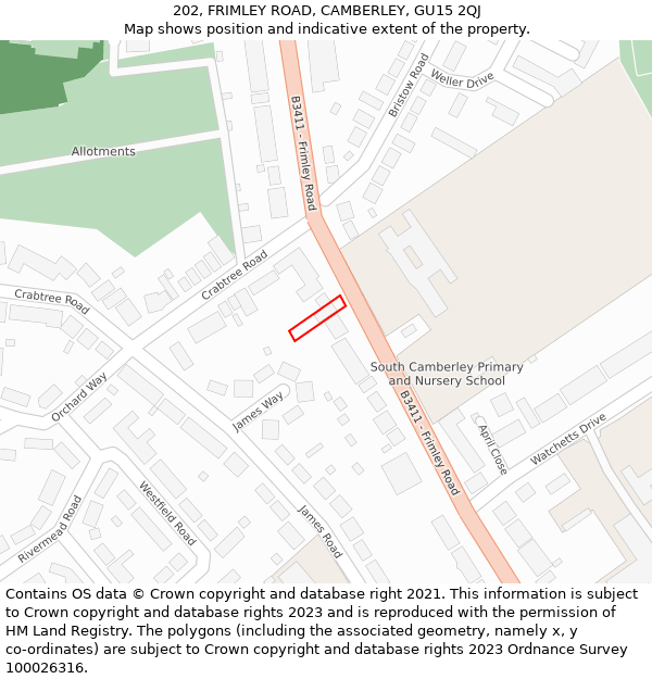 202, FRIMLEY ROAD, CAMBERLEY, GU15 2QJ: Location map and indicative extent of plot