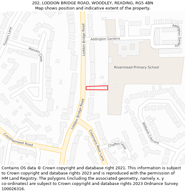 202, LODDON BRIDGE ROAD, WOODLEY, READING, RG5 4BN: Location map and indicative extent of plot