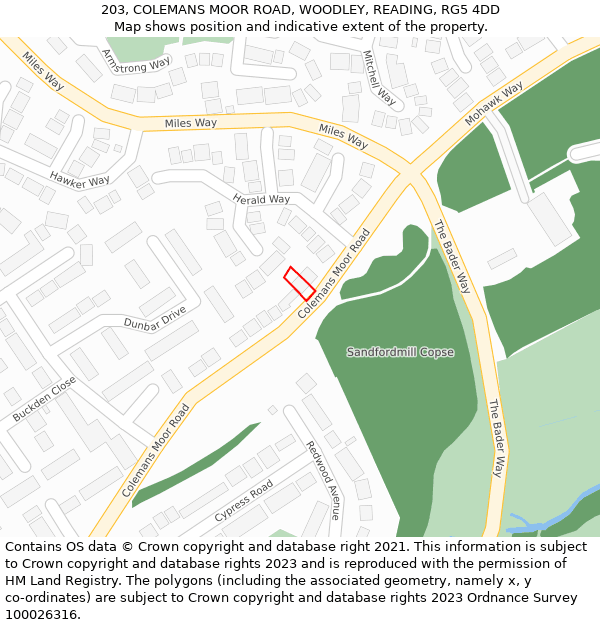 203, COLEMANS MOOR ROAD, WOODLEY, READING, RG5 4DD: Location map and indicative extent of plot