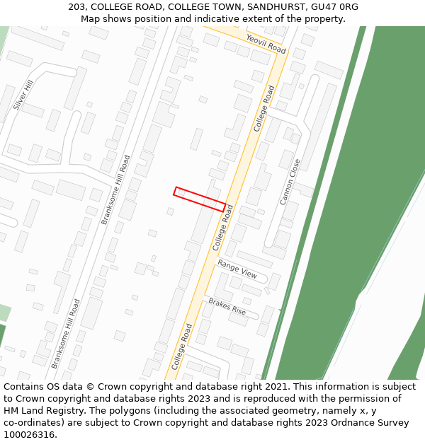 203, COLLEGE ROAD, COLLEGE TOWN, SANDHURST, GU47 0RG: Location map and indicative extent of plot