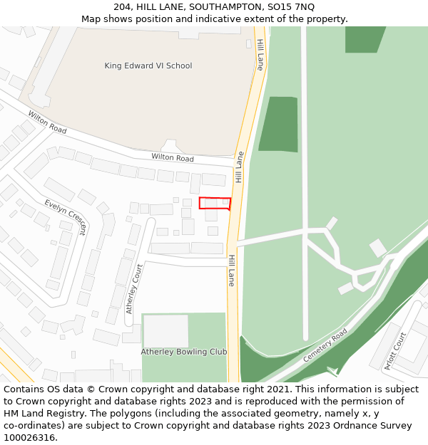 204, HILL LANE, SOUTHAMPTON, SO15 7NQ: Location map and indicative extent of plot