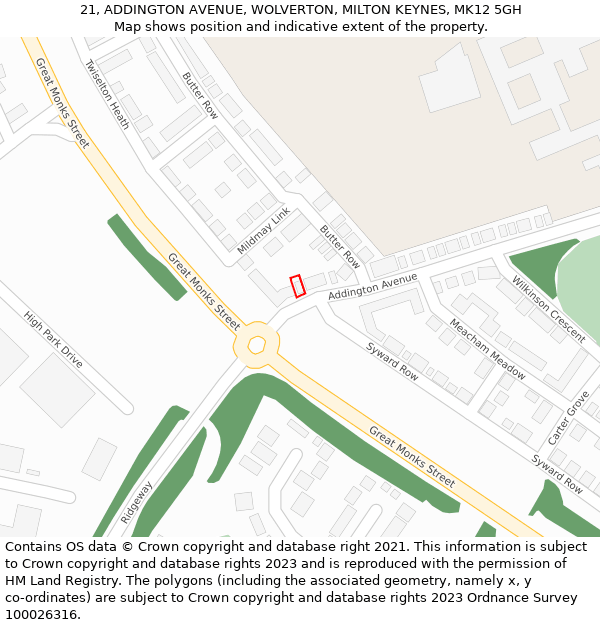 21, ADDINGTON AVENUE, WOLVERTON, MILTON KEYNES, MK12 5GH: Location map and indicative extent of plot