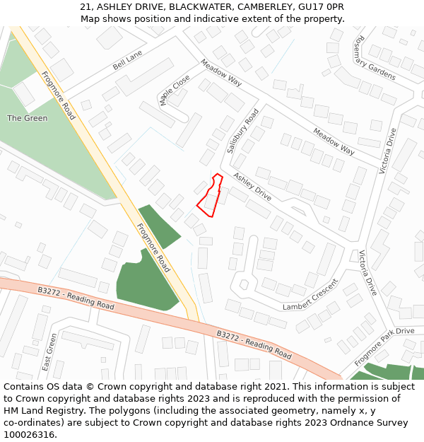 21, ASHLEY DRIVE, BLACKWATER, CAMBERLEY, GU17 0PR: Location map and indicative extent of plot