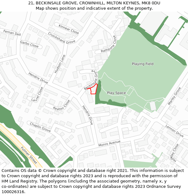 21, BECKINSALE GROVE, CROWNHILL, MILTON KEYNES, MK8 0DU: Location map and indicative extent of plot