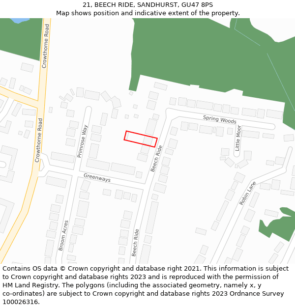 21, BEECH RIDE, SANDHURST, GU47 8PS: Location map and indicative extent of plot