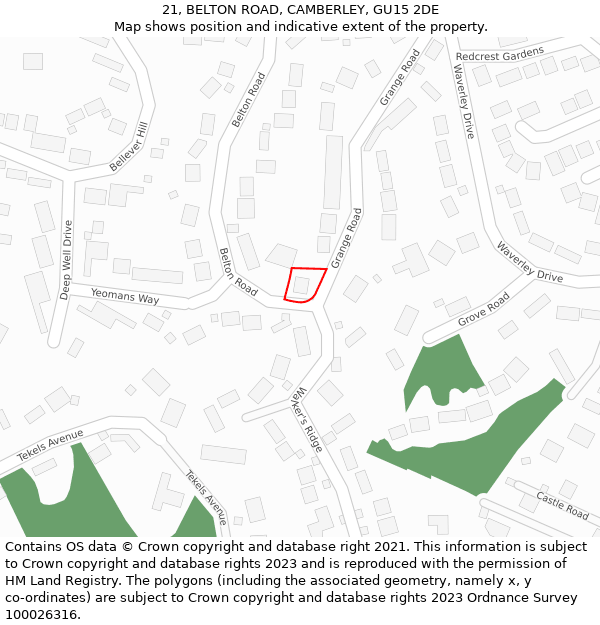 21, BELTON ROAD, CAMBERLEY, GU15 2DE: Location map and indicative extent of plot