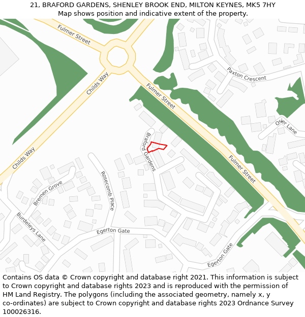 21, BRAFORD GARDENS, SHENLEY BROOK END, MILTON KEYNES, MK5 7HY: Location map and indicative extent of plot