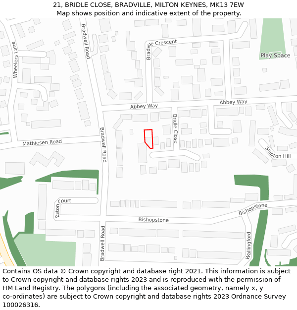 21, BRIDLE CLOSE, BRADVILLE, MILTON KEYNES, MK13 7EW: Location map and indicative extent of plot