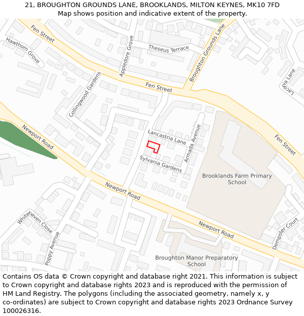 21, BROUGHTON GROUNDS LANE, BROOKLANDS, MILTON KEYNES, MK10 7FD: Location map and indicative extent of plot