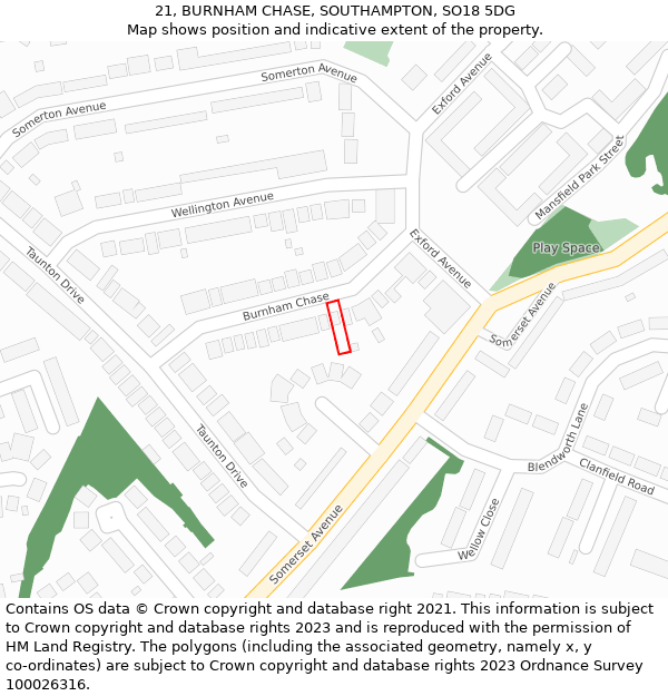 21, BURNHAM CHASE, SOUTHAMPTON, SO18 5DG: Location map and indicative extent of plot