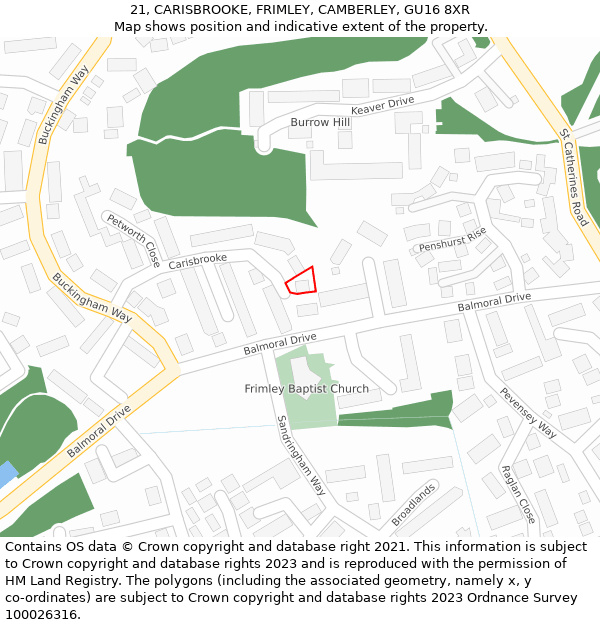 21, CARISBROOKE, FRIMLEY, CAMBERLEY, GU16 8XR: Location map and indicative extent of plot