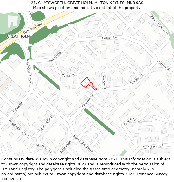 21, CHATSWORTH, GREAT HOLM, MILTON KEYNES, MK8 9AS: Location map and indicative extent of plot