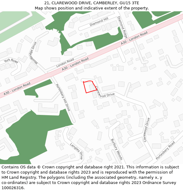 21, CLAREWOOD DRIVE, CAMBERLEY, GU15 3TE: Location map and indicative extent of plot