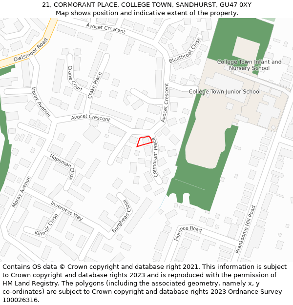 21, CORMORANT PLACE, COLLEGE TOWN, SANDHURST, GU47 0XY: Location map and indicative extent of plot