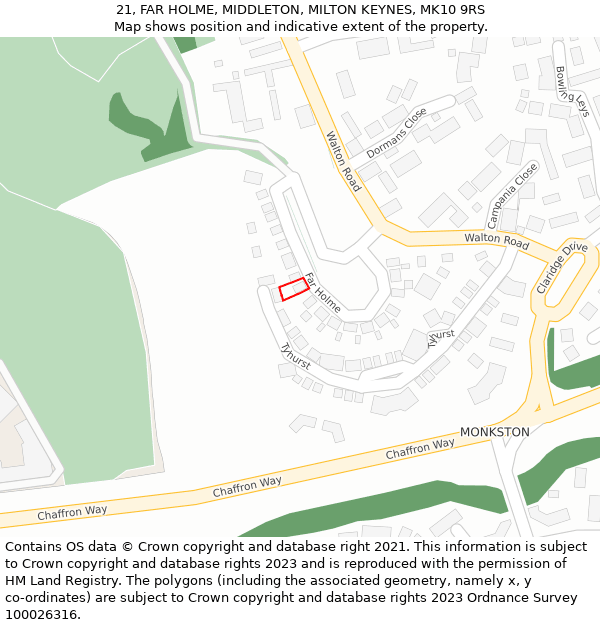 21, FAR HOLME, MIDDLETON, MILTON KEYNES, MK10 9RS: Location map and indicative extent of plot