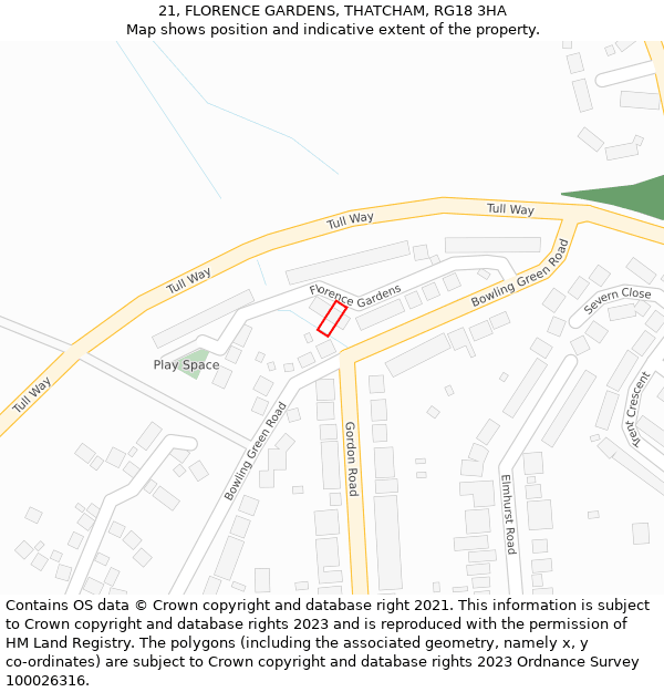 21, FLORENCE GARDENS, THATCHAM, RG18 3HA: Location map and indicative extent of plot