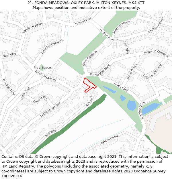 21, FONDA MEADOWS, OXLEY PARK, MILTON KEYNES, MK4 4TT: Location map and indicative extent of plot