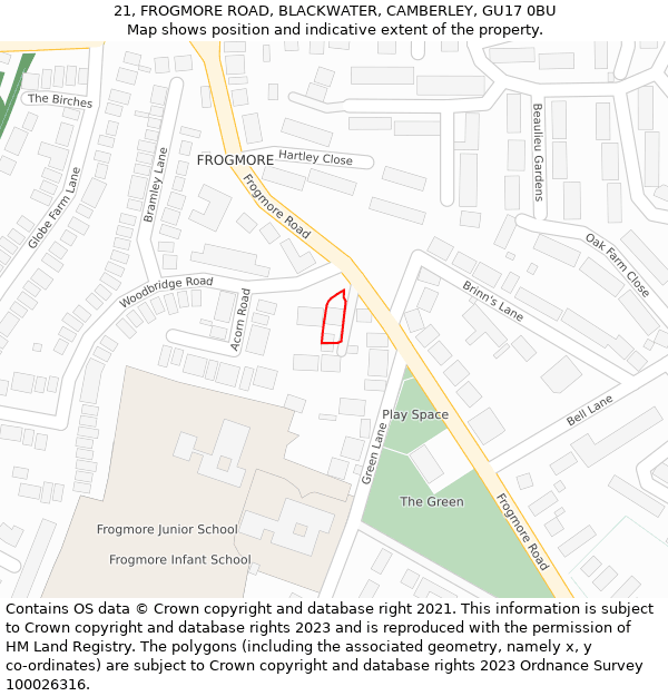 21, FROGMORE ROAD, BLACKWATER, CAMBERLEY, GU17 0BU: Location map and indicative extent of plot