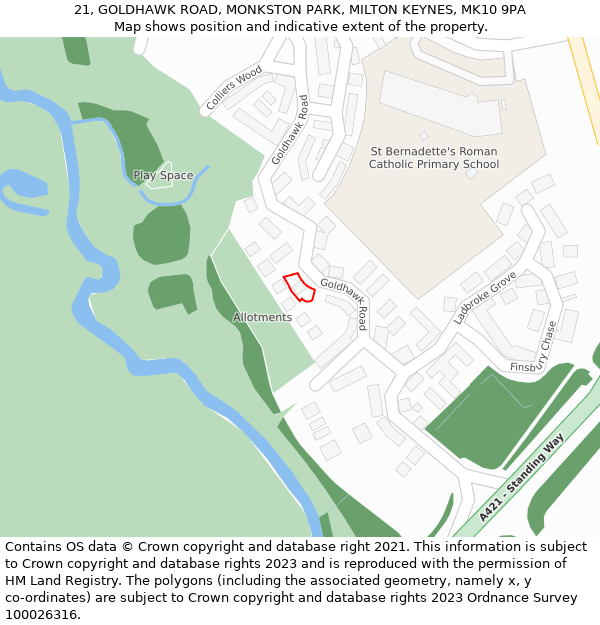 21, GOLDHAWK ROAD, MONKSTON PARK, MILTON KEYNES, MK10 9PA: Location map and indicative extent of plot