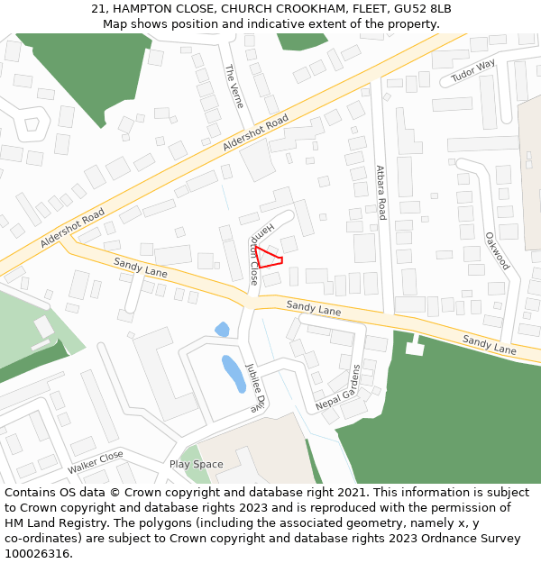 21, HAMPTON CLOSE, CHURCH CROOKHAM, FLEET, GU52 8LB: Location map and indicative extent of plot