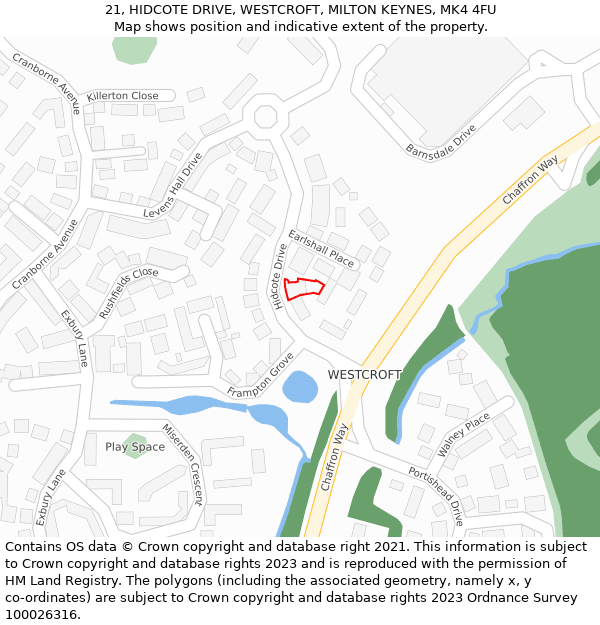 21, HIDCOTE DRIVE, WESTCROFT, MILTON KEYNES, MK4 4FU: Location map and indicative extent of plot