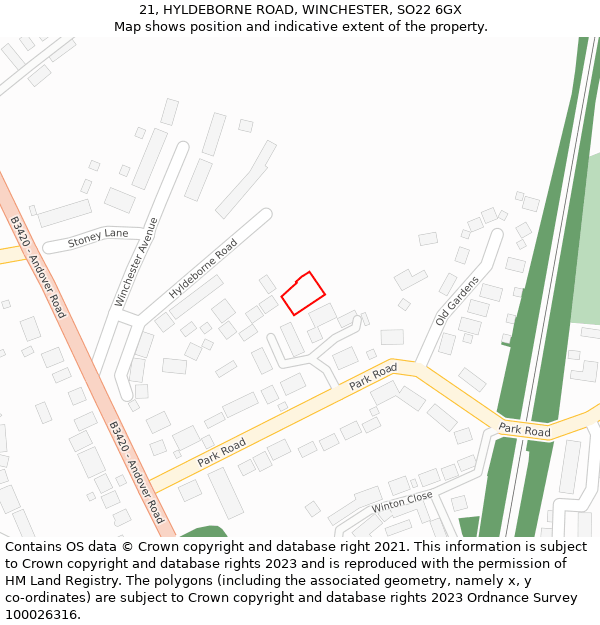 21, HYLDEBORNE ROAD, WINCHESTER, SO22 6GX: Location map and indicative extent of plot