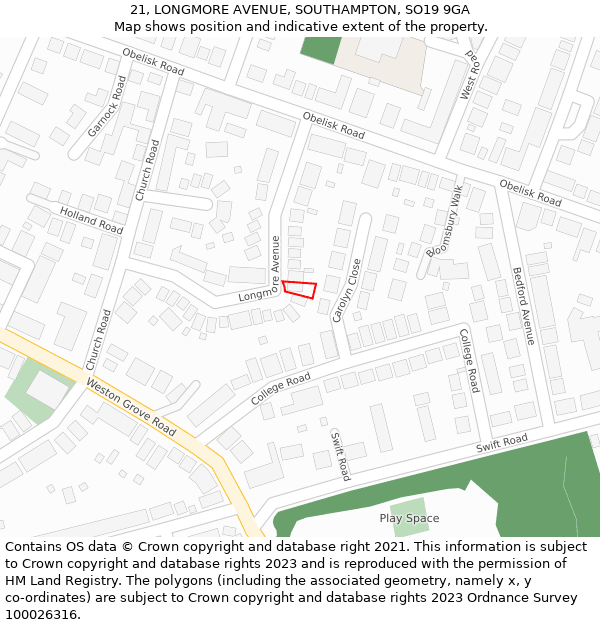 21, LONGMORE AVENUE, SOUTHAMPTON, SO19 9GA: Location map and indicative extent of plot
