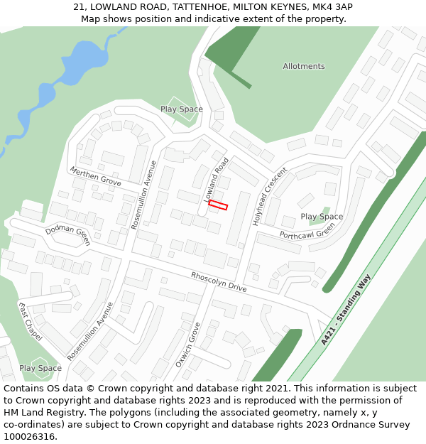21, LOWLAND ROAD, TATTENHOE, MILTON KEYNES, MK4 3AP: Location map and indicative extent of plot